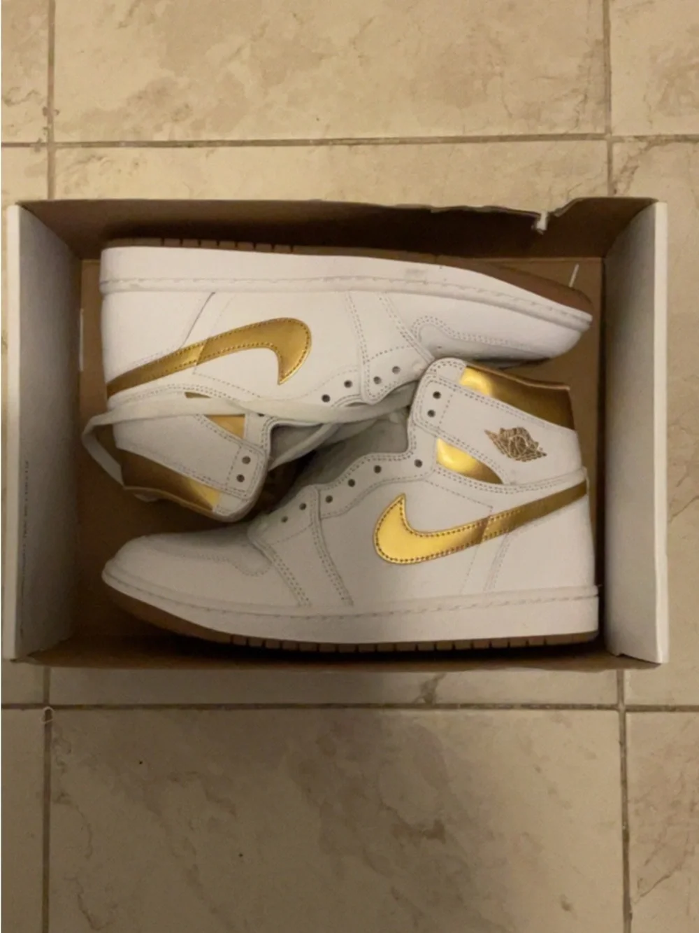 Nike Air Jordan 1 High-Top Sneakers - White & Gold Accents - Picture 1 of 2